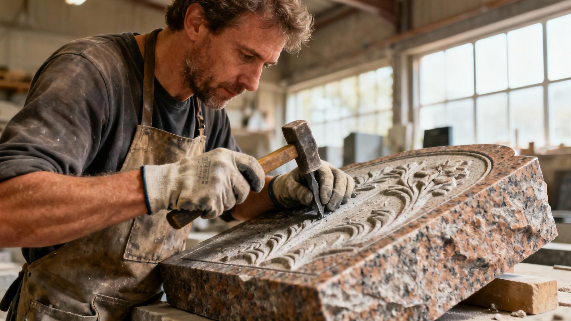 Artisan européen sculptant une pierre tombale en granit dans son atelier, outils traditionnels et lumière naturelle