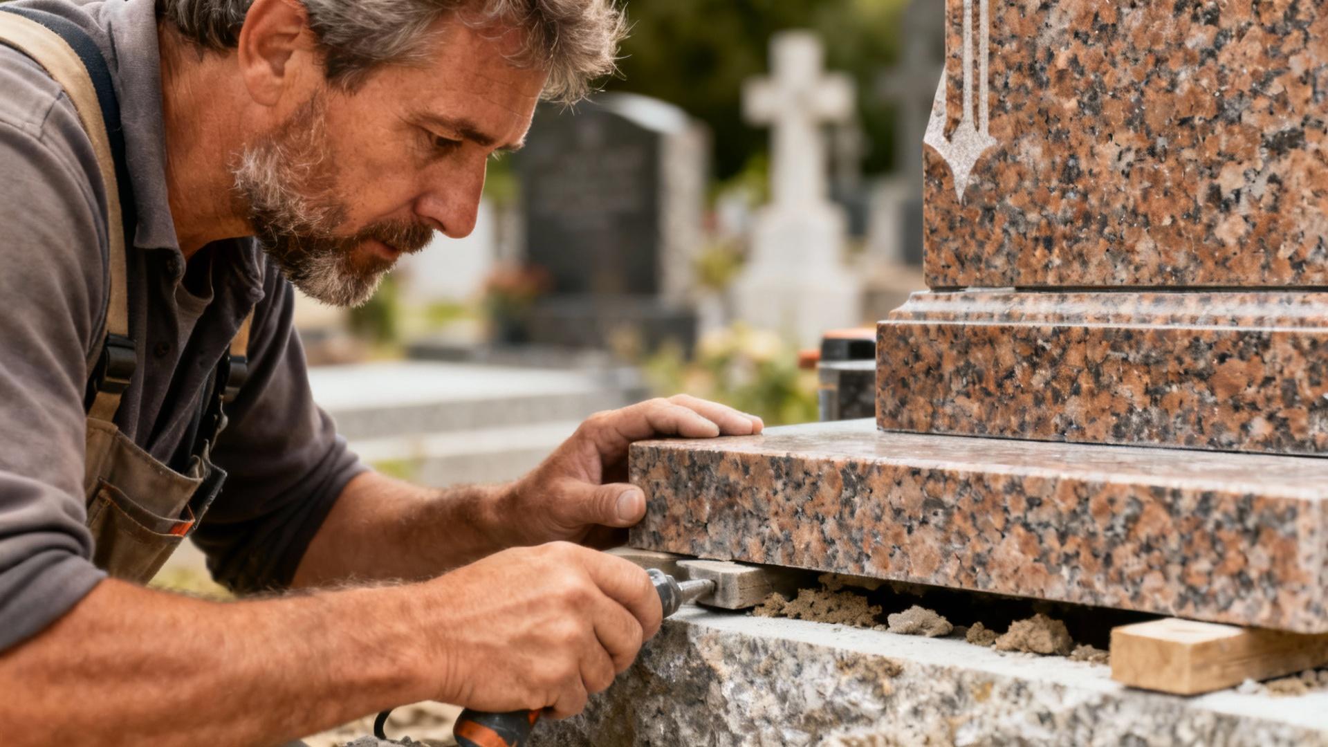 Artisan européen installant avec soin une pierre tombale en granite dans un cimetière sous une lumière naturelle
