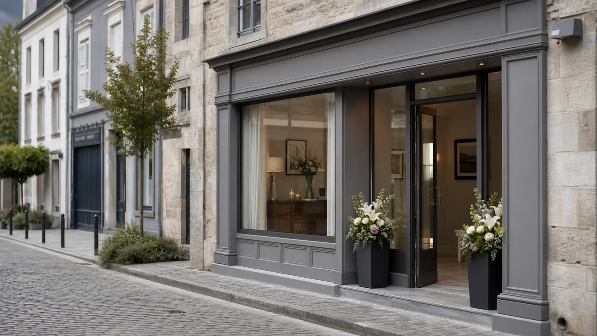 Façade sobre d'une agence funéraire dans une rue calme, avec une ambiance professionnelle et respectueuse.