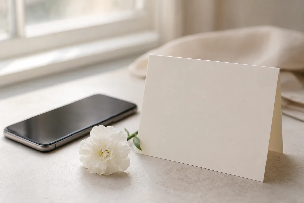 Un smartphone posé près d'une fleur blanche dans une ambiance sobre et lumineuse, évoquant l'envoi d'un message de condoléanc