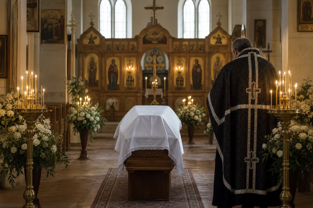 Scène sobre d’obsèques orthodoxes dans une église, avec cercueil, bougies, prêtre et icônes en arrière-plan.