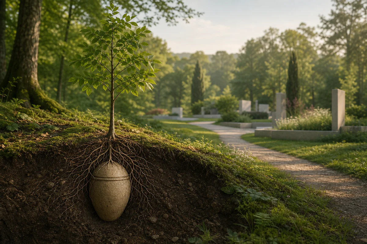 Illustration symbolique d'une urne biodégradable enterrée sous un jeune arbre dans un jardin funéraire naturel.