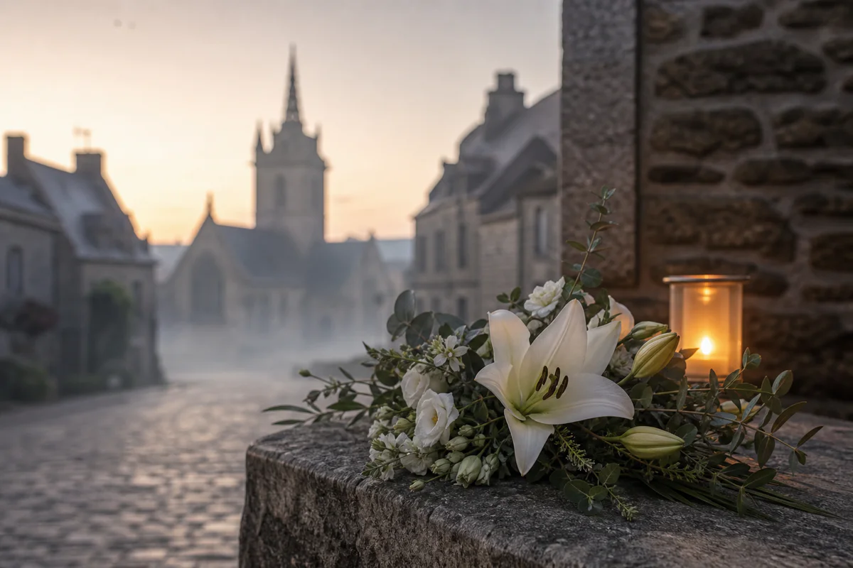 A quiet Breton street near a historic stone church at dawn with white flowers and candlelight, symbolizing funeral guidance i